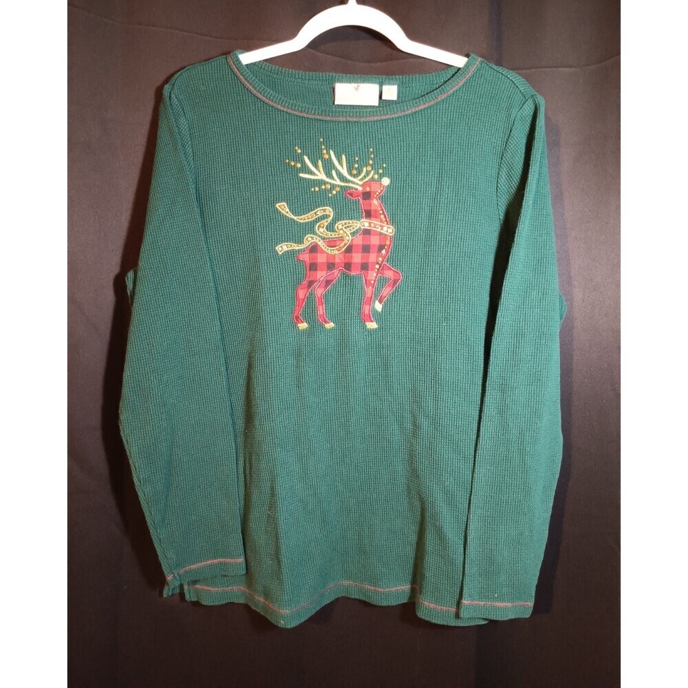 Quacker Factory Woman's Large Green Waffle Thermal Plaid Bing Reindeer Christmas
